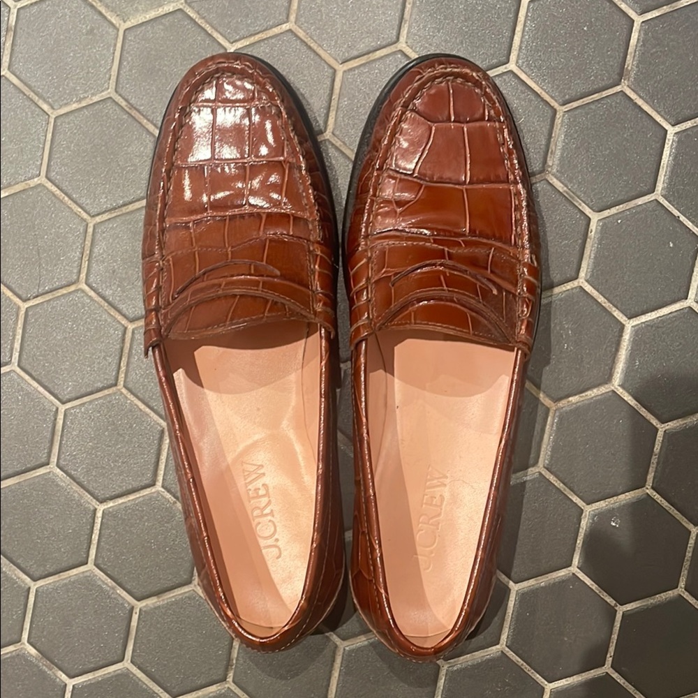 J. Crew Brown Croc-Embossed Leather Penny Loafers